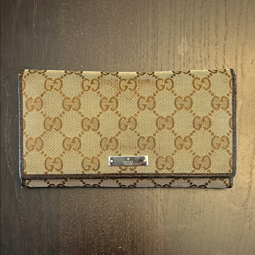 Gucci Beige and Brown GG Canvas Continental Wallet Silver Hardware